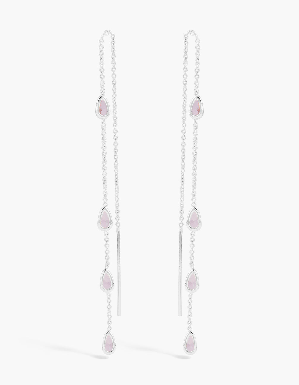 Silver Plated Pink Cubic Zirconias Station Threader Earrings