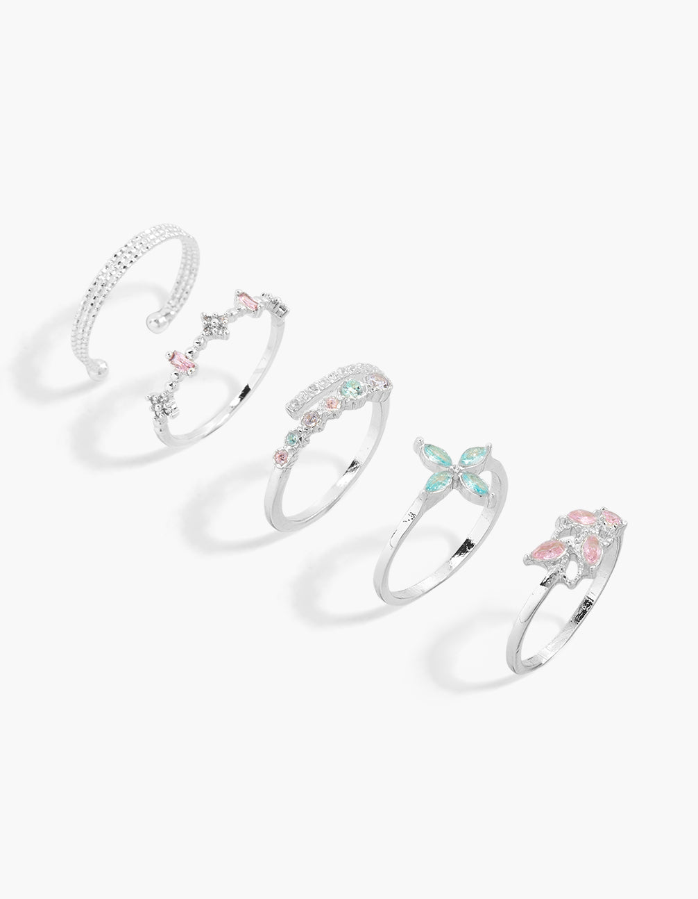 Explore this leaf cubic zirconia crystal silver plated pink and blue statement 5-pack rings front view
