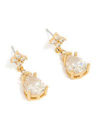 Discover gold plated cubic zirconia flower teardrop earrings featuring floral motifs in clear front view - link has visual effect only