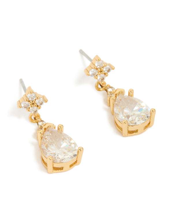Discover gold plated cubic zirconia flower teardrop earrings featuring floral motifs in clear front view