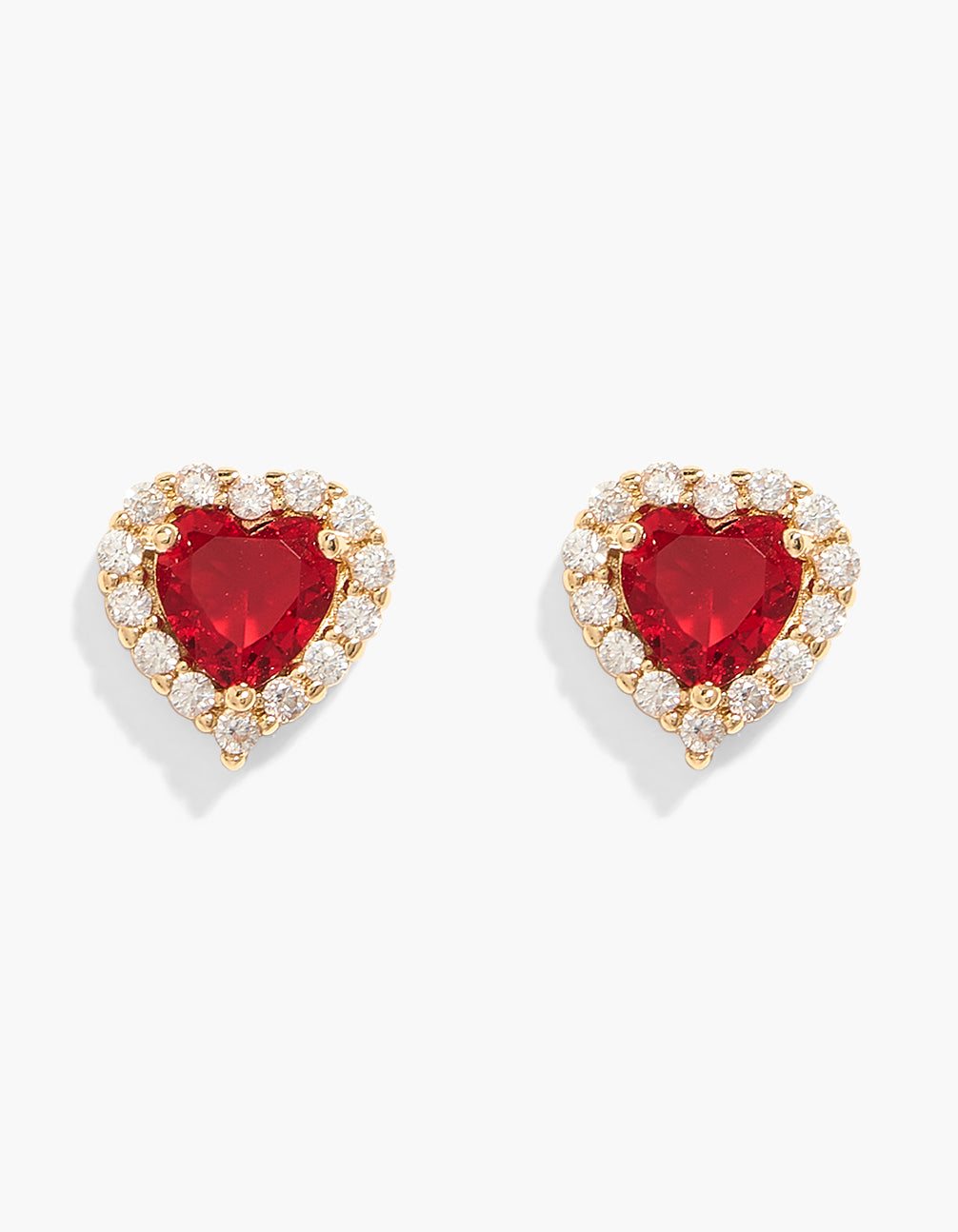 Showcasing heart outline earrings in red and gold with cubic zirconia crystal accents front view