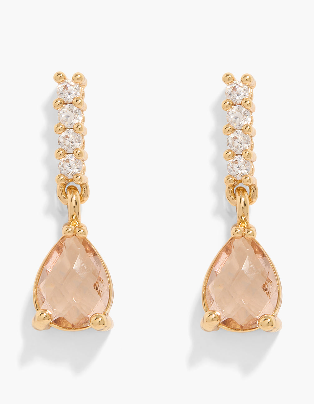 Showcasing dainty teardrop earrings crafted from gold plated material with pink cubic zirconia front view
