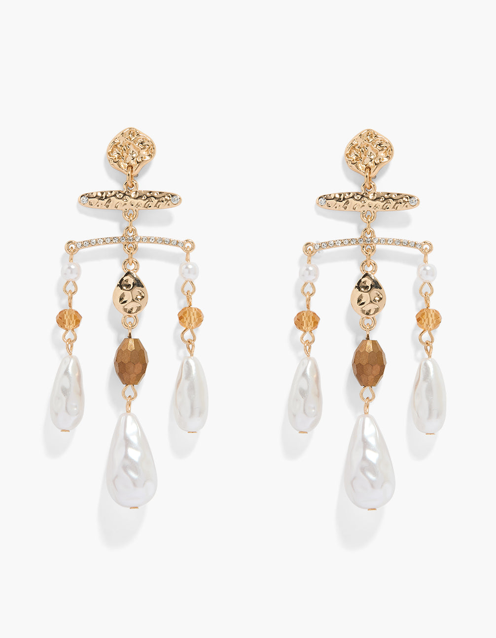 Showcasing statement earrings with textured bar, beads, charm, pearl drops in gold front view
