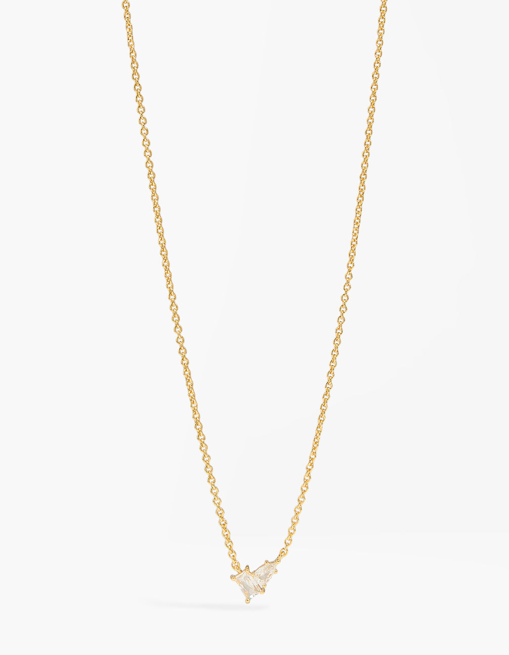 Showcasing a gold plated cubic zirconia rectangle pendant necklace front view