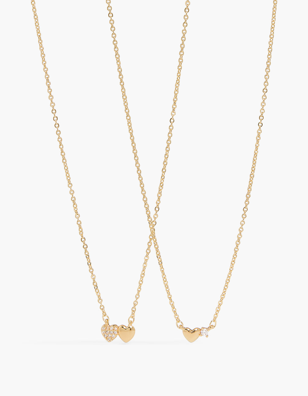Beautifully crafted gold plated cubic zirconia heart pendant necklaces 2-pack with charm and statement styling front view