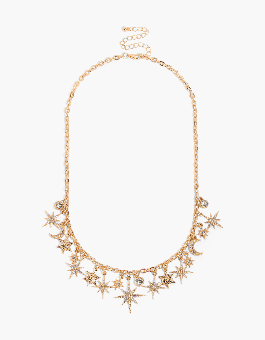 This celestial charm necklace features star and moon details in gold front view
