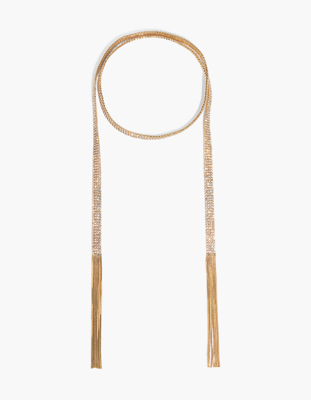 Showcasing a gold diamante glitzy tassel necklace with glitter embellishments front view