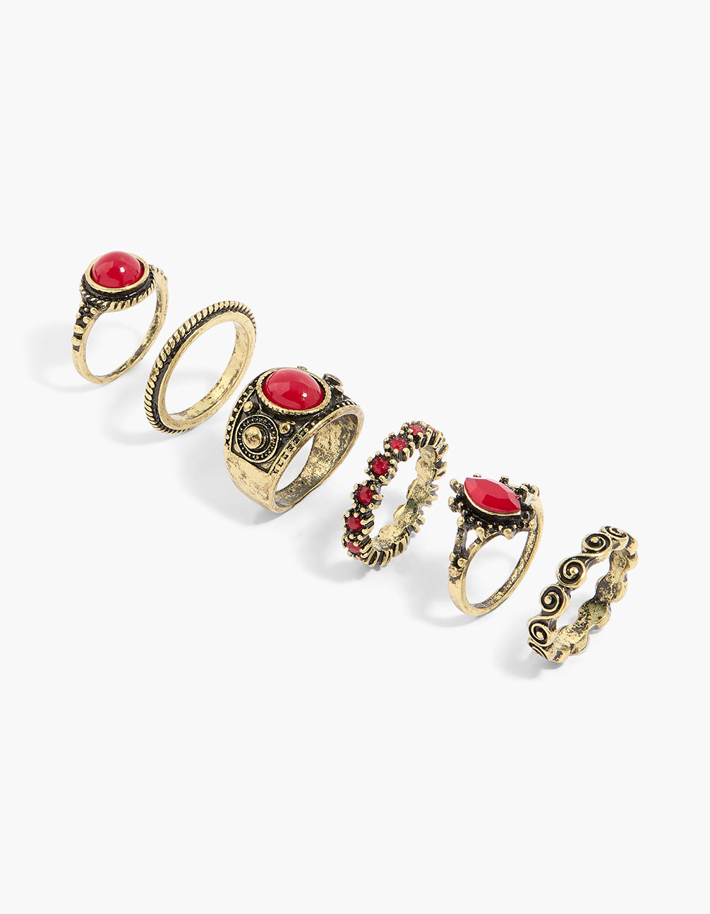 Boho swirl stack ring set in gold with crimson accents front view