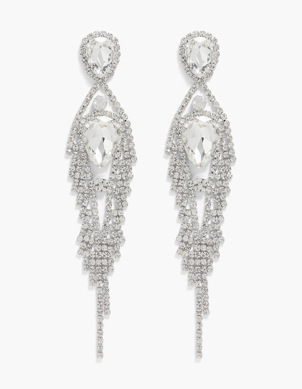Beautiful statement diamantes circle tassel drop earrings in silver front view