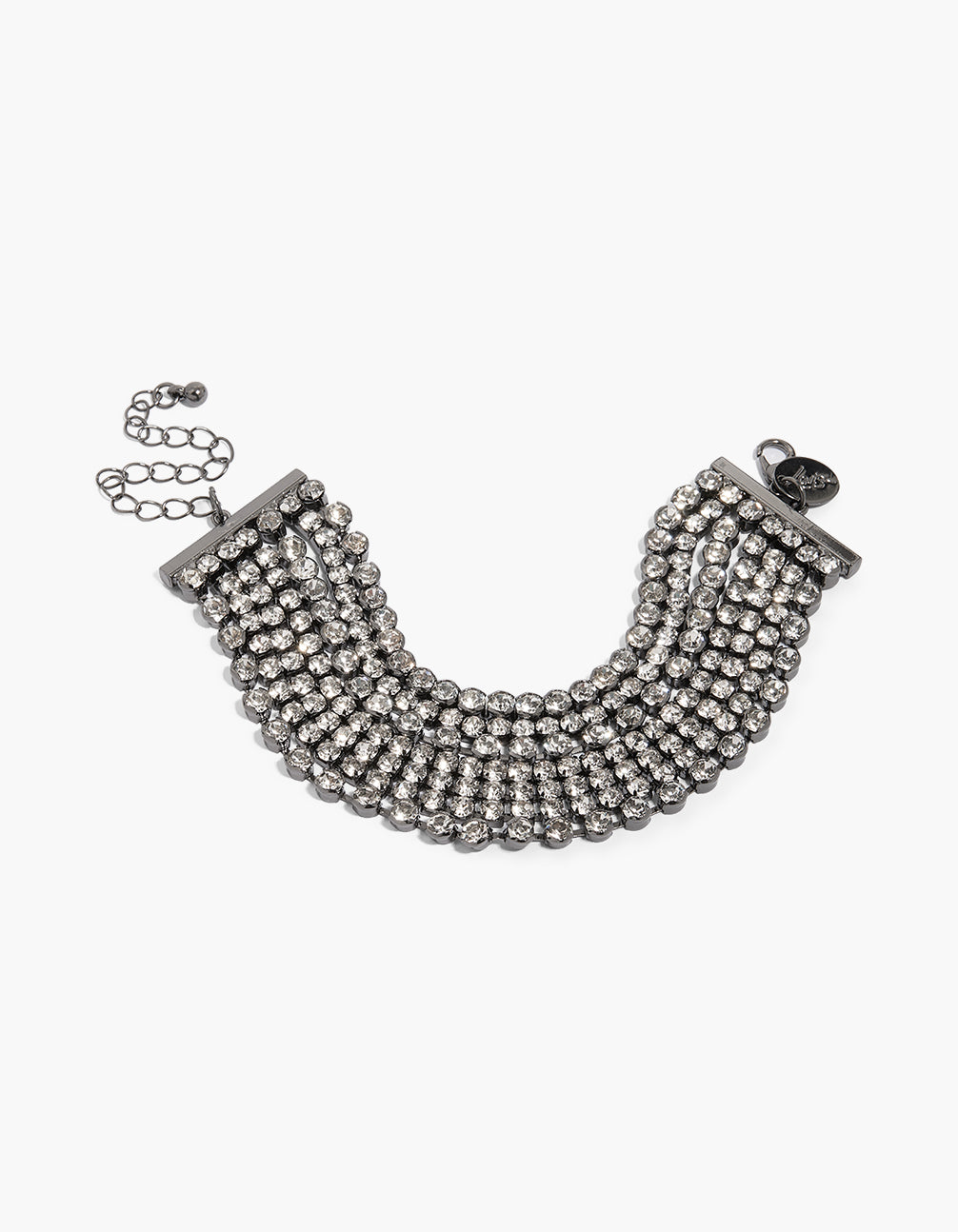Showcasing a gunmetal diamante layered statement bracelet in front view