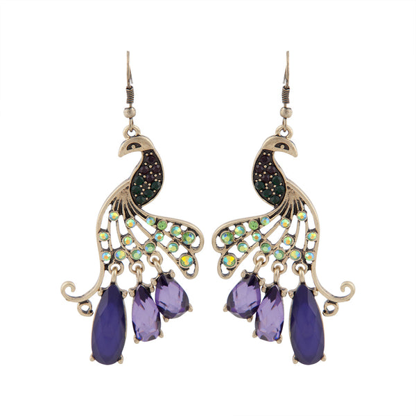 Jewelled Peacock Earrings In Burnished Gold