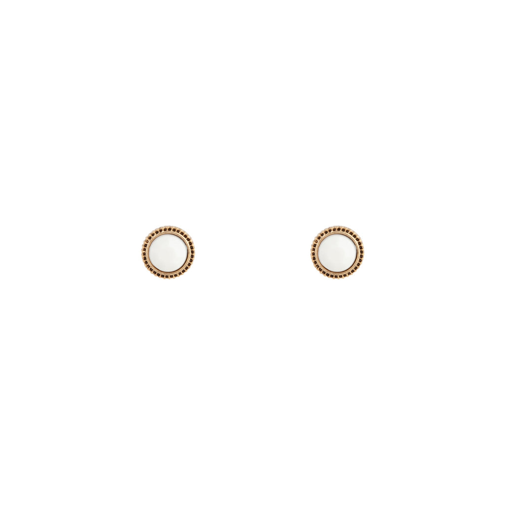 White Round Facet Stud Earrings Gold Border