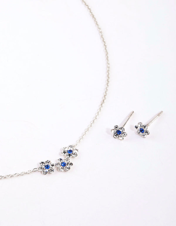 Sterling Silver Diamante Flower Necklace & Earrings Set