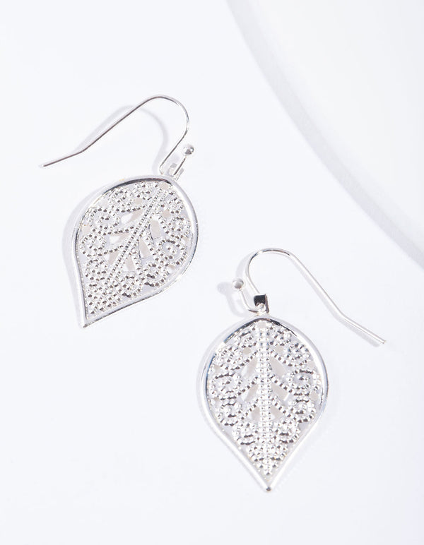 Silver Filigree Leaf Detail Drop Earrings
