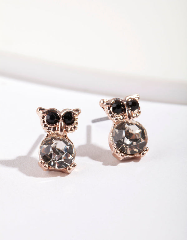 Rose Gold Diamante Owl Stud Earrings