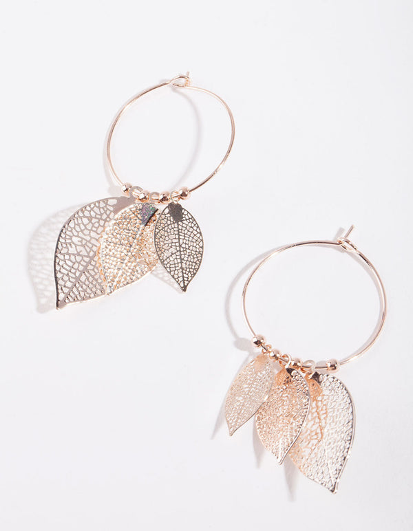 Rose Gold Filigree Leaf Hoop Earrings