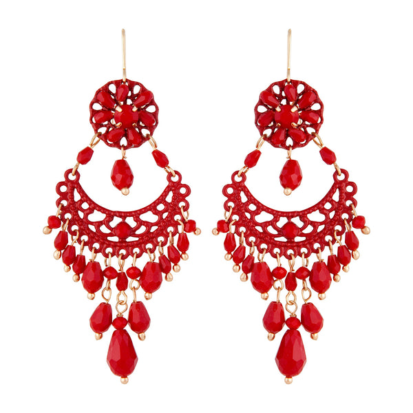 Red Beaded Chandelier Drop Earrings
