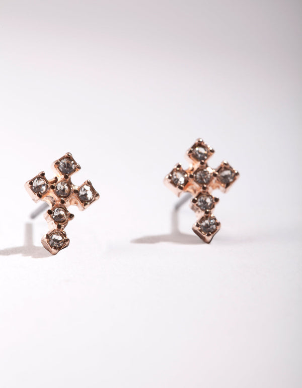 Rose Gold Mini Diamante Cross Earrings