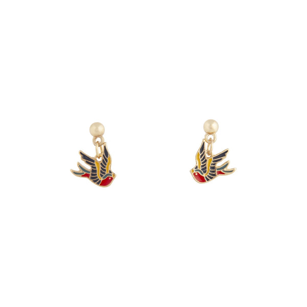Gold Tattoo Coloured Sparrow Drop Earrings