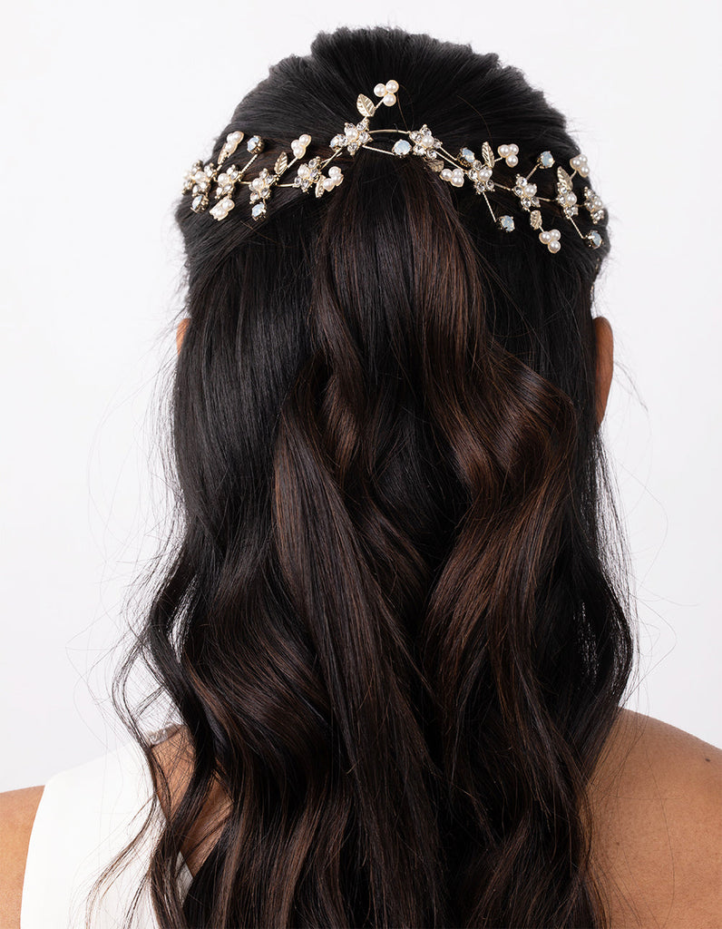 Gold Diamante Flower & Pearly Hair Vine
