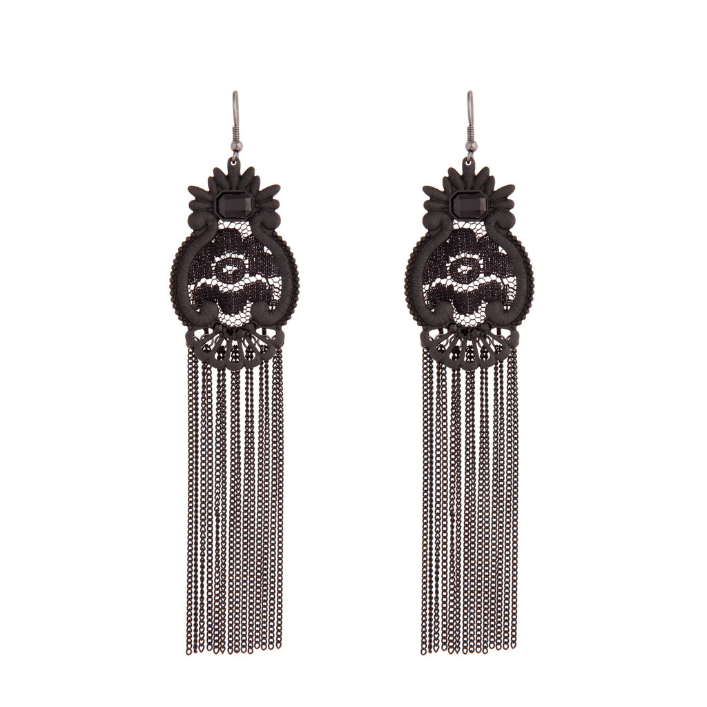 Black Lace Chain Tassel Earrings