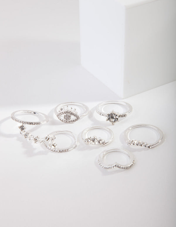 Silver Diamante Evil Eye Ring Pack