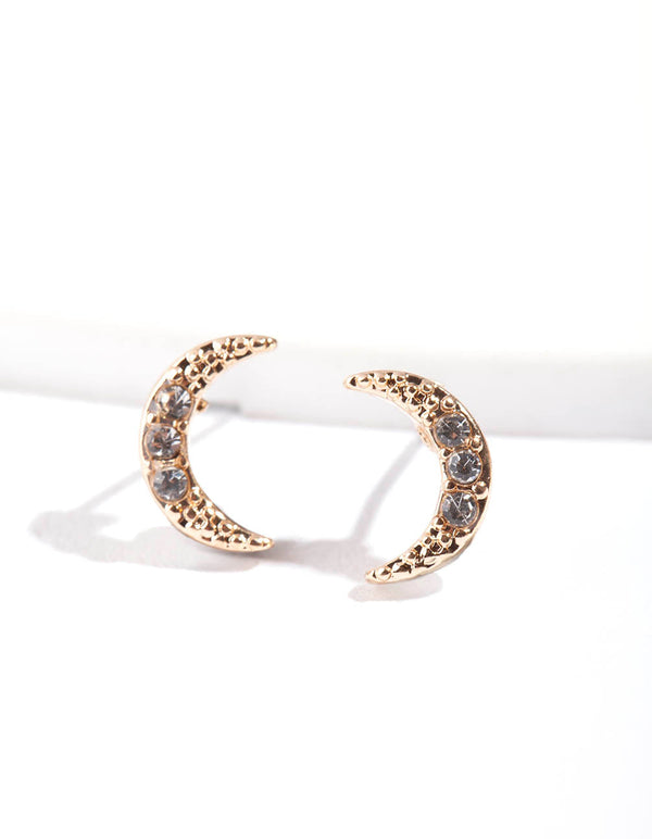 Gold Pave Diamante Crescent Moon Stud Earrings
