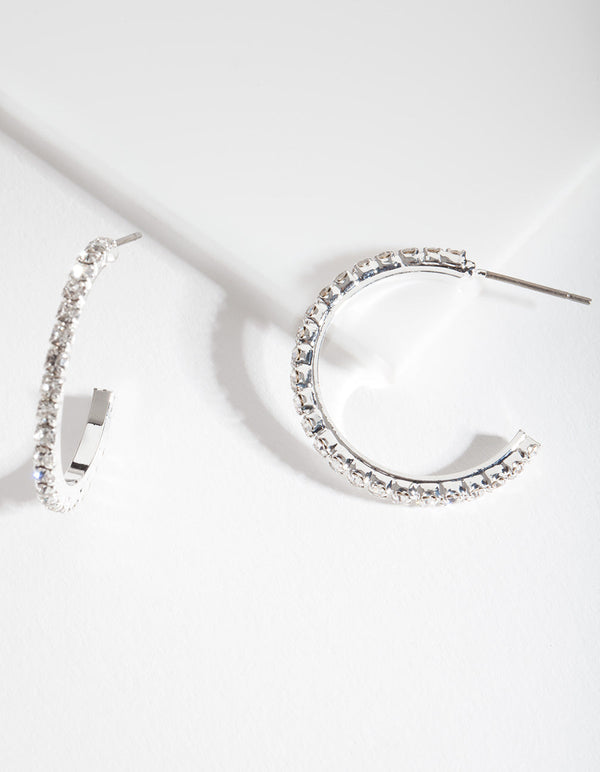 Silver Diamante Stud Hoop Earrings