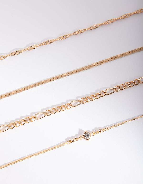 Gold Diamante Bracelet & Anklet 4-Pack Set