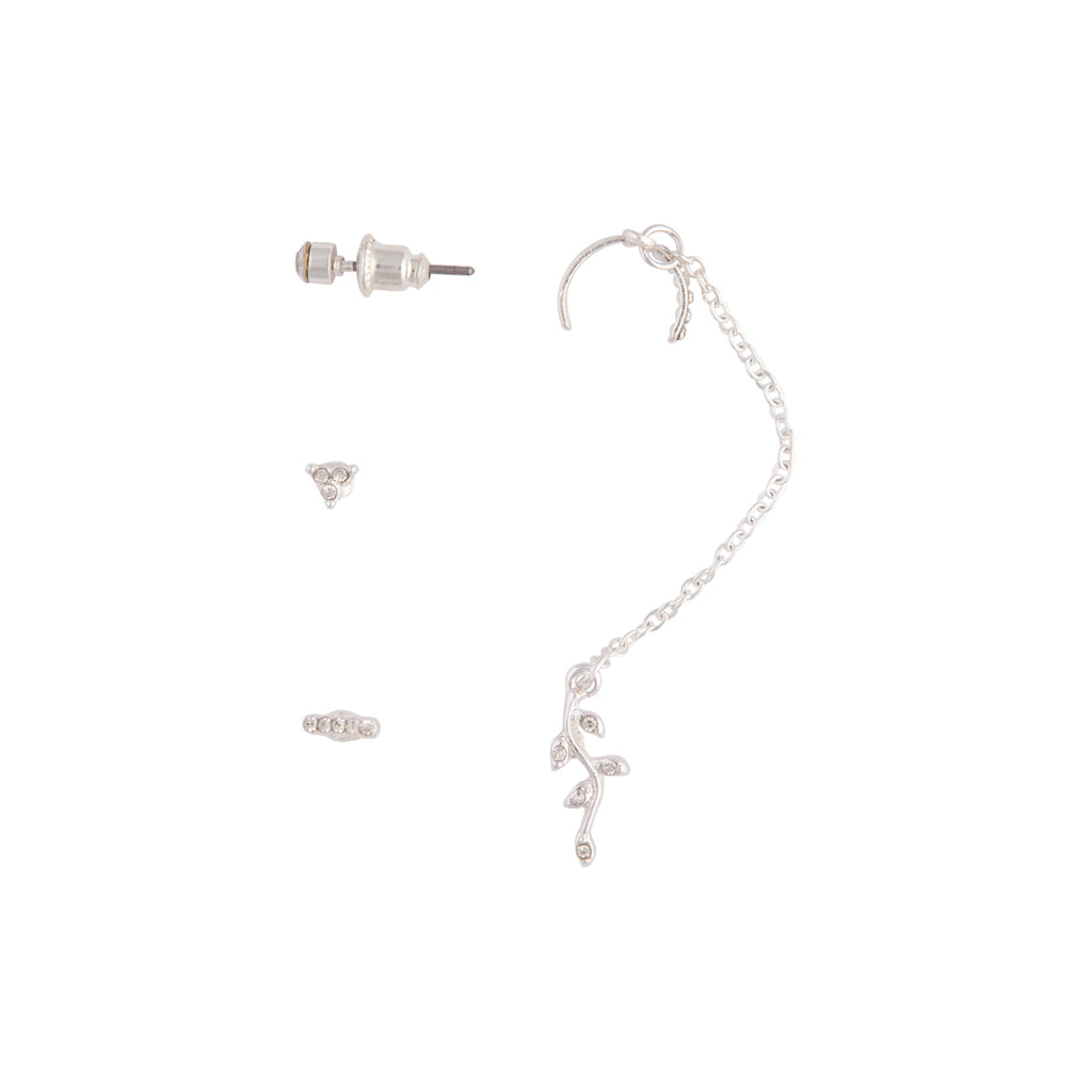 Silver Flower Chain Cuff Earrings