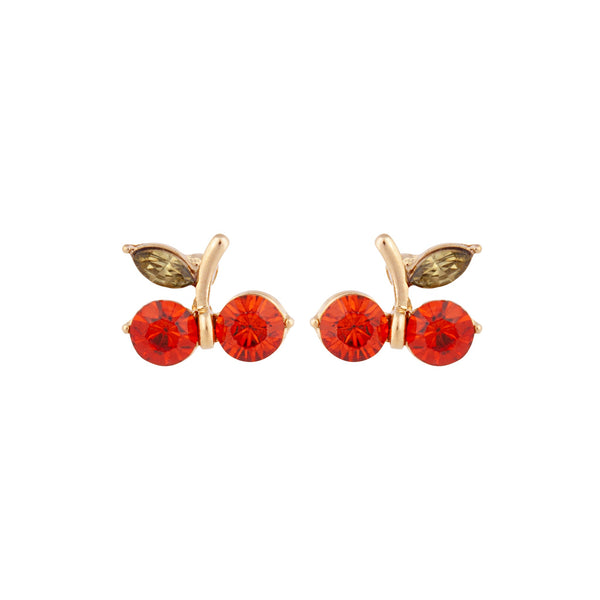 Gold Red Cherry Stud Earrings