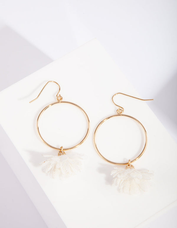 Gold White Floral Fabric Loop Earrings