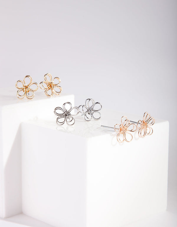 Mixed Metal Wire Flower Earring Pack