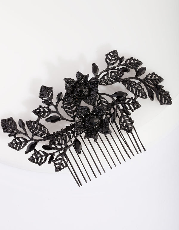 Black Diamante Floral Comb