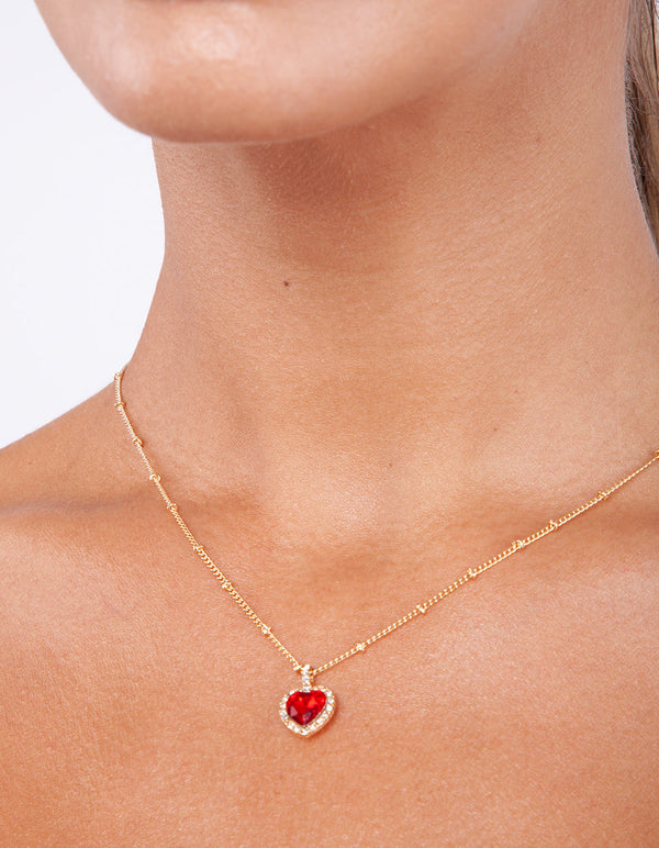 Gold Red Heart Necklace Earrings Gift Box