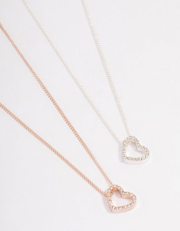 Mixed Metal Diamante Heart Necklace 2 Pack