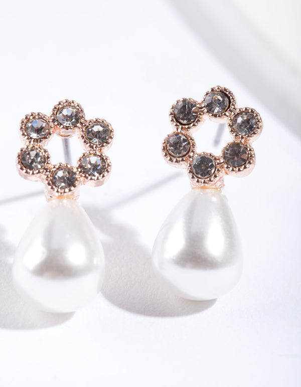 Rose Gold Flower Diamante Pearl Earrings