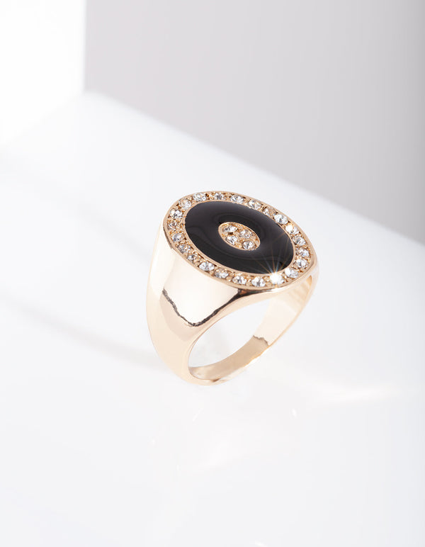 Black Enamel & Diamante Gold Ring