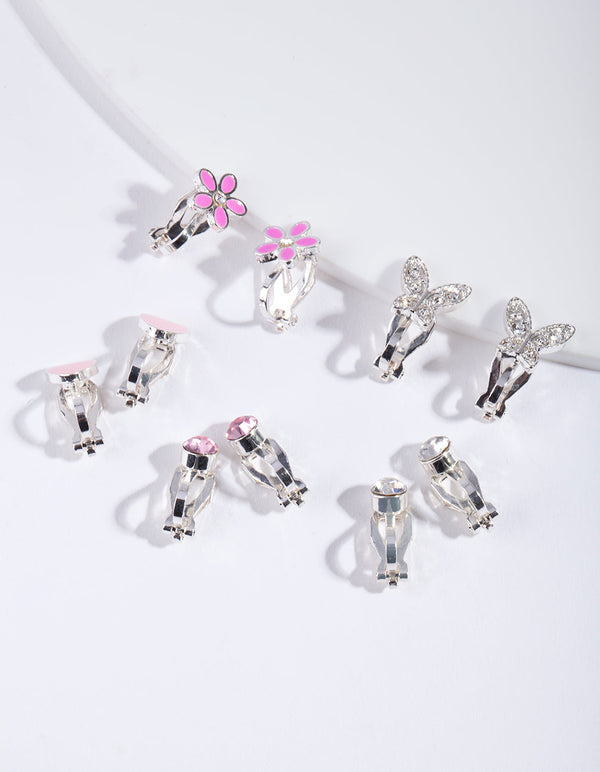Kids Silver Diamante Heart Flower & Butterfly Clip On Earring 5-Pack