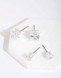 Silver Cubic Zirconia Square Stud Earring Pack - link has visual effect only