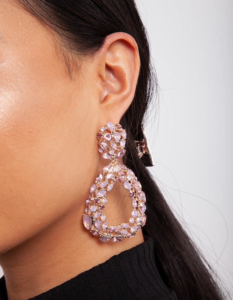 Rose Gold Pink Gem Teardrop Earrings