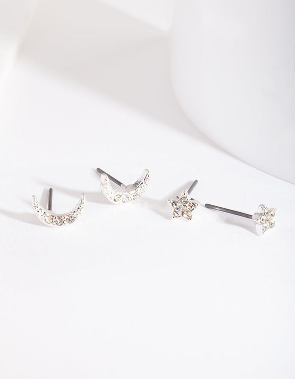 Silver Diamante Moon Star Earring Pack