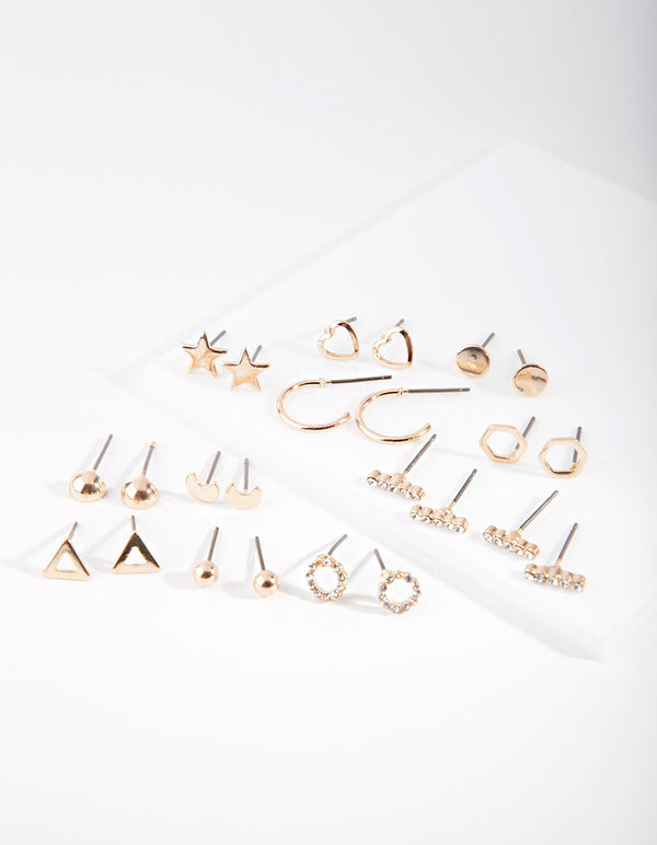 Gold Star & Geometric Shaped Stud Earring 12-Pack