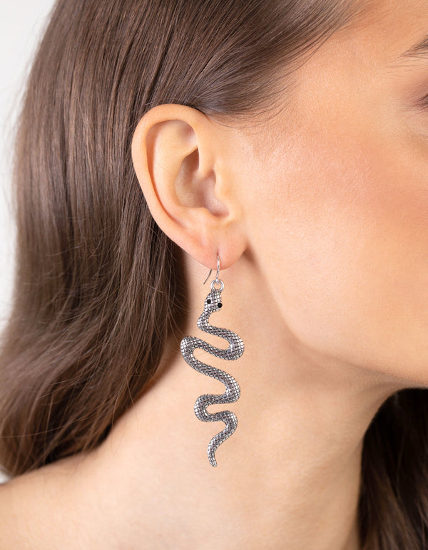Antique Silver Textured Snake Earrings