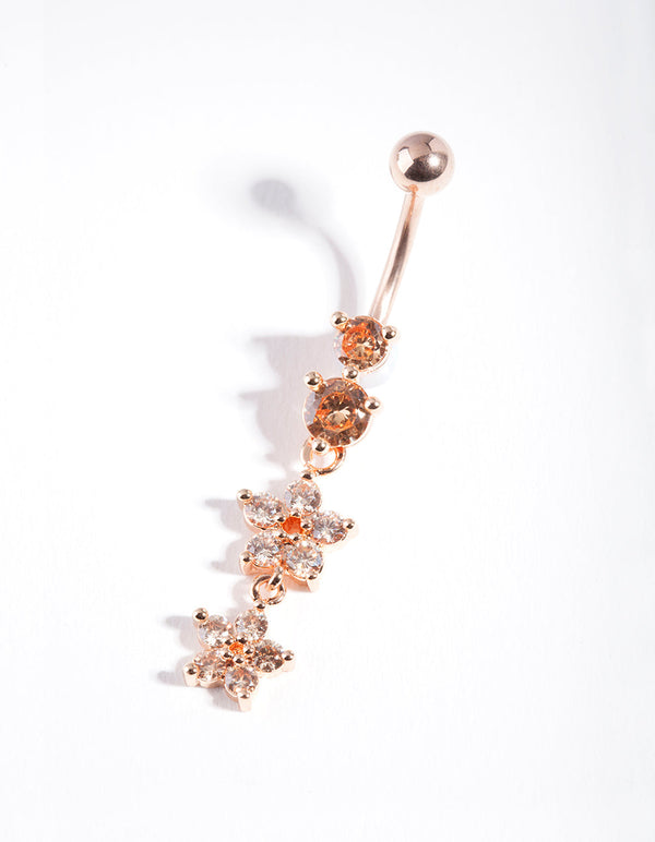Rose Gold Surgical Steel Floral Diamante Belly Bar