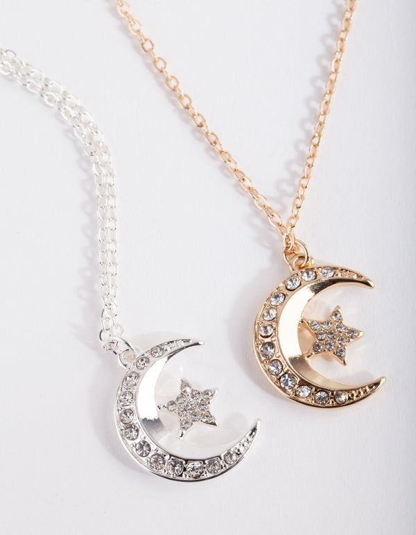 Mixed Metal Diamante Moon Necklace Pack