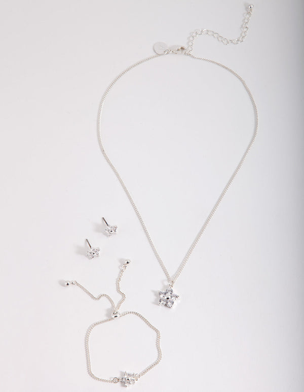 Kids Silver Cubic Zirconia Flower Jewellery Set