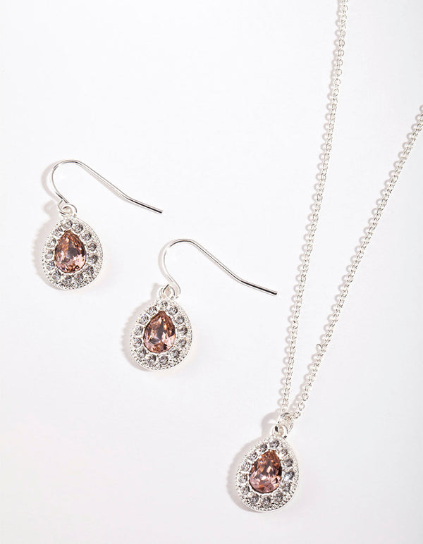 Silver Diamond Simulants Jewel Teardrop Stone Necklace & Earrings Set