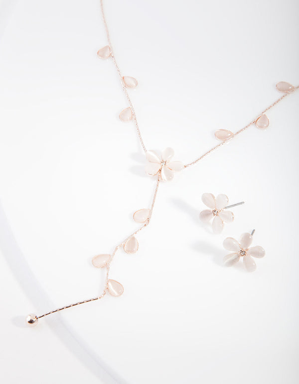 Rose Gold Floral Earrings Necklace Set