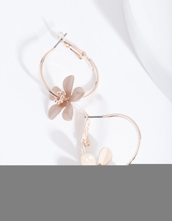Rose Gold Cream Flower Hoop Earrings